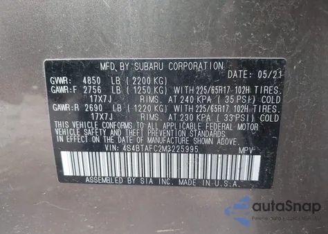 2021 Subaru Outback Premium z USA, uszkodzony, nr VIN 4S4BTAFC2M3225995